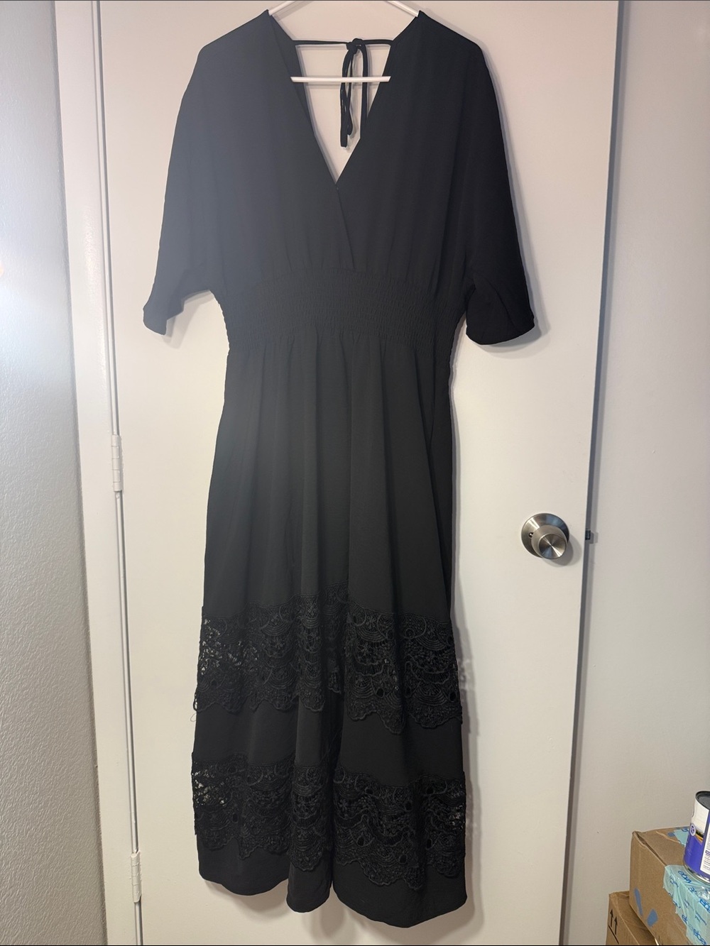 Black Midi Dress with Lace Hem and Smocked Waist